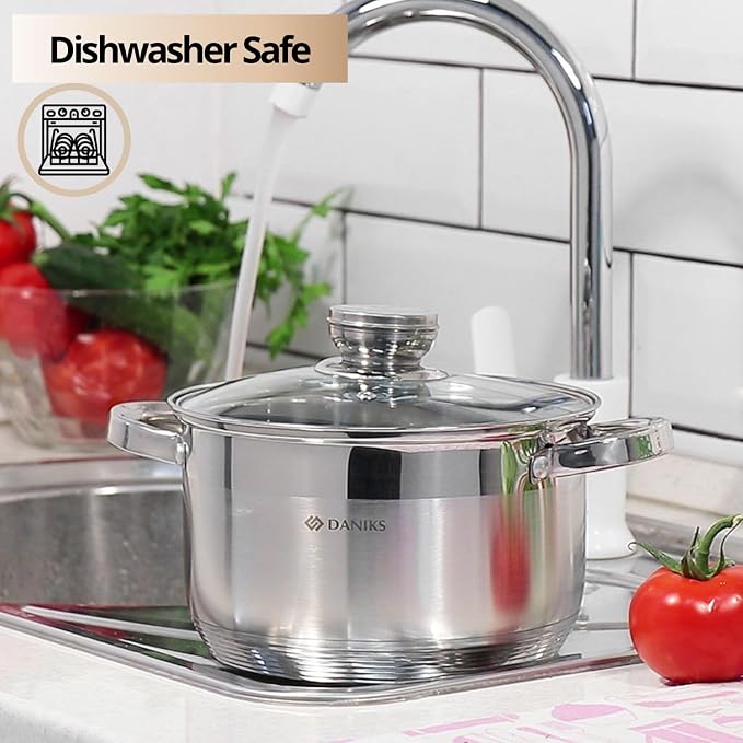 Daniks Standard 7 Quart Stainless Steel Stock Pot with Glass Lid, Tri-Ply Bottom for Even Heating, Induction Compatible, Dishwasher Safe, Built-In Measuring Scale, Silver