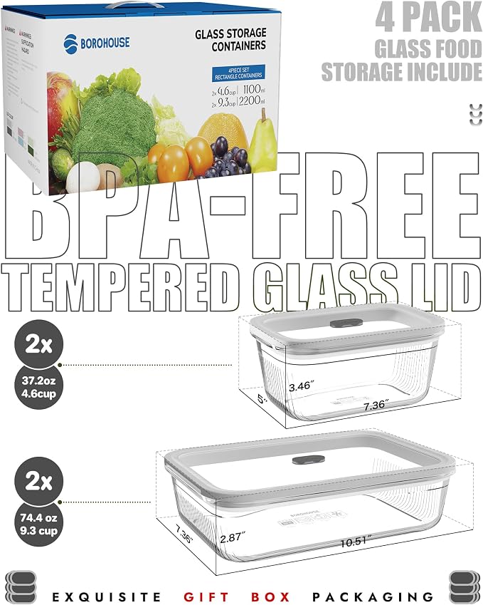 4-Pack Glass Food Storage Containers with Tempered Glass Lids, 2x 4.7 Cup & 2x 9.3 Cup, Airtight, Oven & Microwave Safe Borosilicate Glass (-4°F to 950°F)
