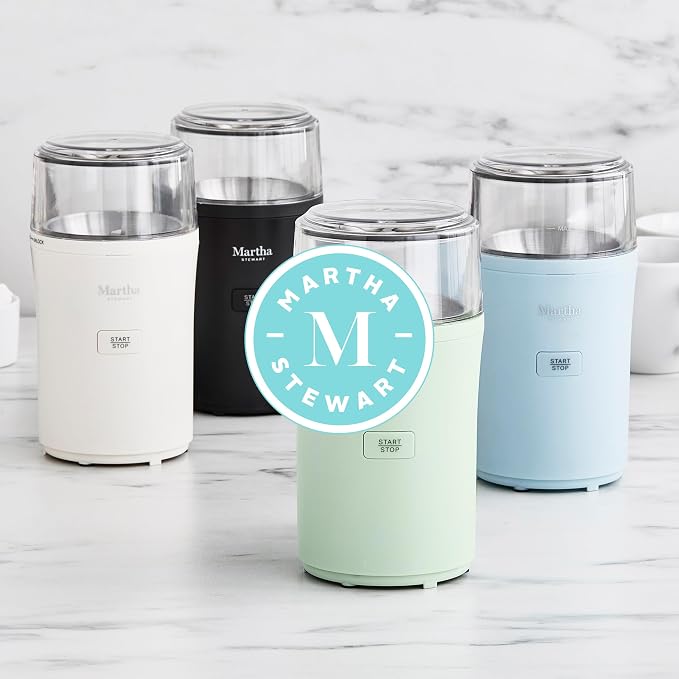 Martha Stewart Electric Coffee & Spice Grinder with Dual Bowls, Sky Blue | Dual 2.5oz Removable Bowls for Coffee Beans, Nuts, Herbs & Spices, Stainless Steel Blade, One-Touch Pulse Control, Easy Clean