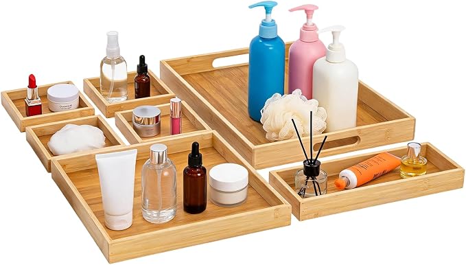 RRX Wood Serving Trays with Handles, Set of 7 Rectangular Tray, Beige | Nesting Bamboo Tray for Breakfast in Bed, Kitchen, Entertaining, Couch, Party, Platters, Coffee Table, Countertop Home Decor