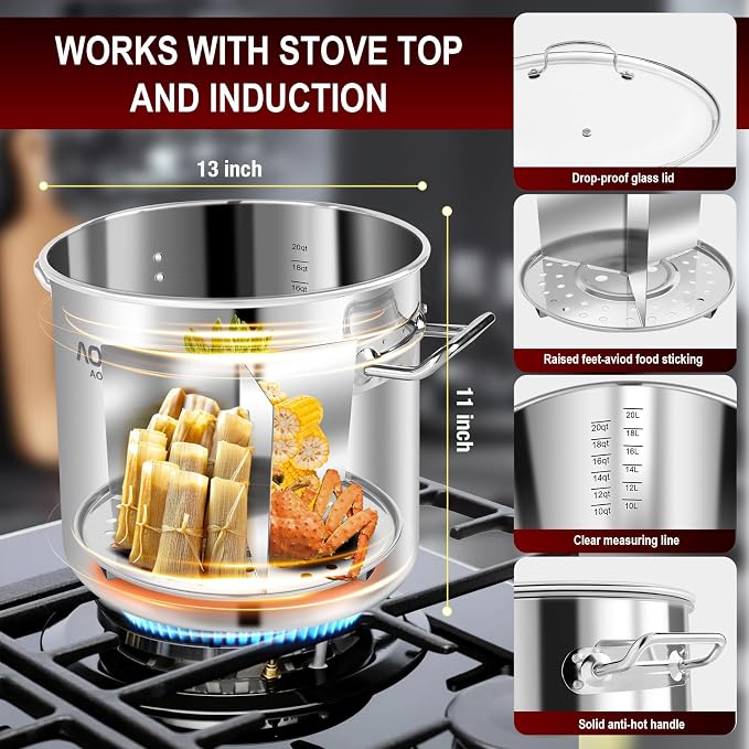 AOSION 24QT Stainless Steel Stock Pot with Lid,6 Gallon. | Steamer Rack & Divider, Heavy Duty Tamale Steamer Pot, Visible Lid, For Crab Boil, Pasta, Soup