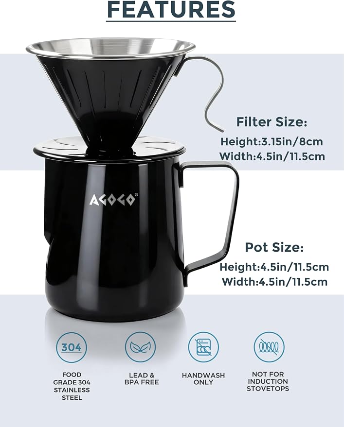 AGOGO Stainless Pour Over Coffee Maker Set, 50 Paper Filters, 20oz, Black | Unbreakable carafe for kitchen RV camp and office, includes barista towel, lead-free food grade 304 stainless steel