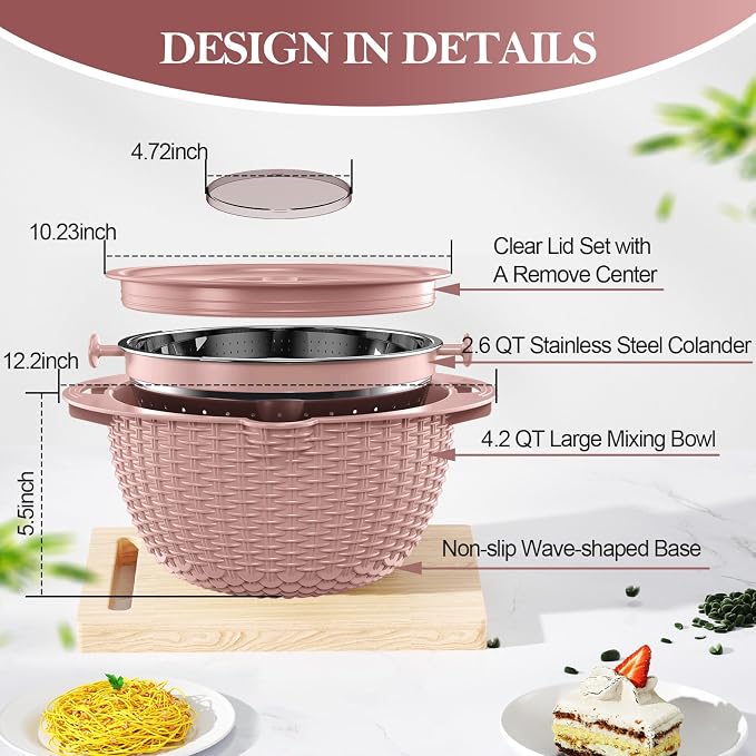 4-1 Strainer Bowl with Lid Set - Strainers and Colanders, Colander for Kitchen, Pasta Strainer, Fruit Cleaner, Veggie Wash, Funny Kitchen Present, Fruit Washing Bowl, Cooking Present for Women - Pink