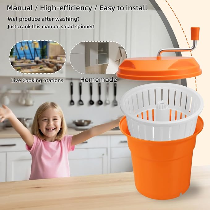 2.5 Gallon Salad Spinner,Large Capacity Vegetable Friuts Salad Dryer,Commercial Manual Salad Mixer for Restaurants Kitchen & Catering,Green & Orange. (Orange, 2.5 Gallon)