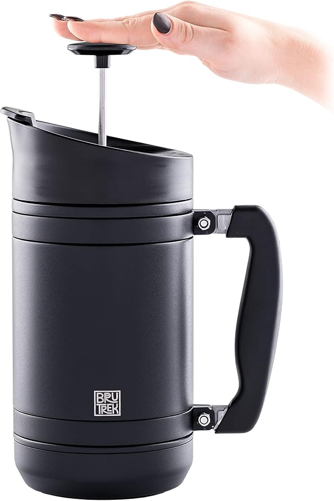 BruTrek by Planetary Design | BaseCamp French Press | 32 fl.oz - Obsidian | Double Wall Insulated Stainless Steel - Bru-Stop Technology, No Grounds in Coffee, No Spill Lid (Obsidian, 32 fl.oz)