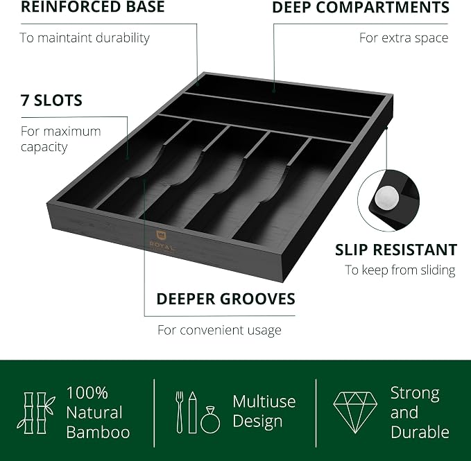 ROYAL CRAFT WOOD Luxury Bamboo Kitchen Drawer Organizer - Silverware Organizer - Utensil Holder and Cutlery Tray with Grooved Drawer Dividers for Flatware and Kitchen Utensils (7 Slot, Black)