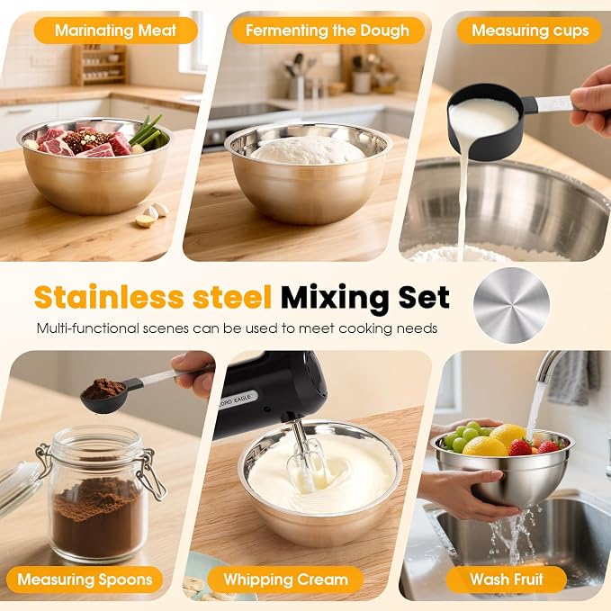 Lord Eagle 5-Speed Hand Mixer Electric With 4 Mixing Bowls Set | 300W Lightweight Kitchen Handheld Mixer with Measuring Cups & Spoons, Stainless Steel Bowls, Baking Supplies for Cake, Black
