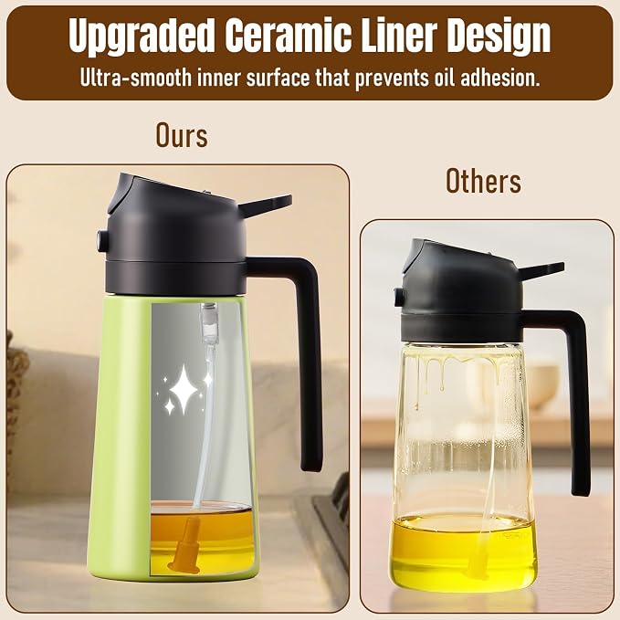 PARACITY Oil Bottle, 2-in-1 Stainless Steel Sprayer and Dispenser, 16 fl oz | Fine-mist spray and smooth pour modes with ceramic-coated interior, wide mouth, drip-control nozzle, and reusable labels.