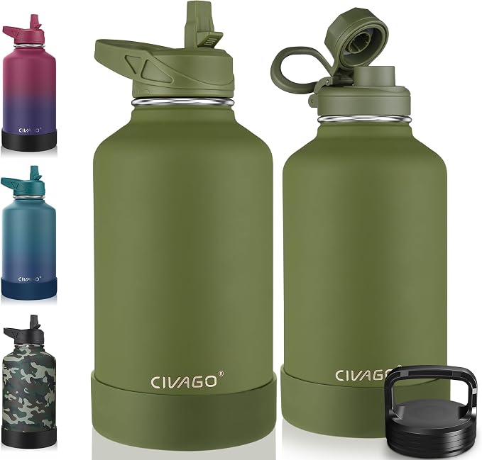 CIVAGO 64 oz Insulated Stainless Steel Water Bottle With Straw and 3 Lids | Half Gallon Large Metal Water Jug, Big Leakproof Reusable Wide Mouth Thermal Flask with Silicone Boot, BPA-Free, Army Green