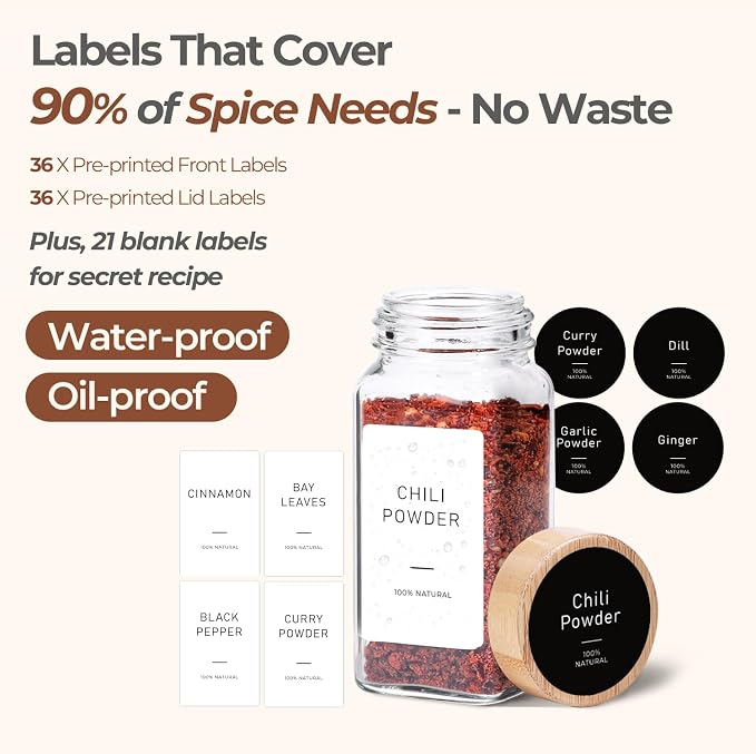 ComSaf Glass Spice Jars with with Labels 4 oz 24 Pack Bamboo Lids Bulk Set | Empty Containers, Seasoning Herb Powder, Salt Pepper Chili, Spice Rack Organization, Kitchen Cabinet Storage, Funnel Included