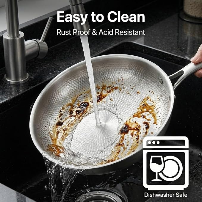 10" Titanium Frying Pan with Lid, Non-Stick Hammered Skillet | 3-Ply Heats Fast & Evenly, PFAS/PFOA/PTFE Free, Scratch-Resistant, for Induction & Gas, Oven-Safe to 500°F, Dishwasher Safe