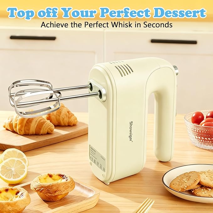 Electric Hand Mixer, 300W Handheld Mixer with 5 Stainless Steel Accessories, 5 Adjustable Speeds + Turbo Boost & Self-Control, One-Button Eject, Food Beater for Cakes, Eggs, Dough (Beige)