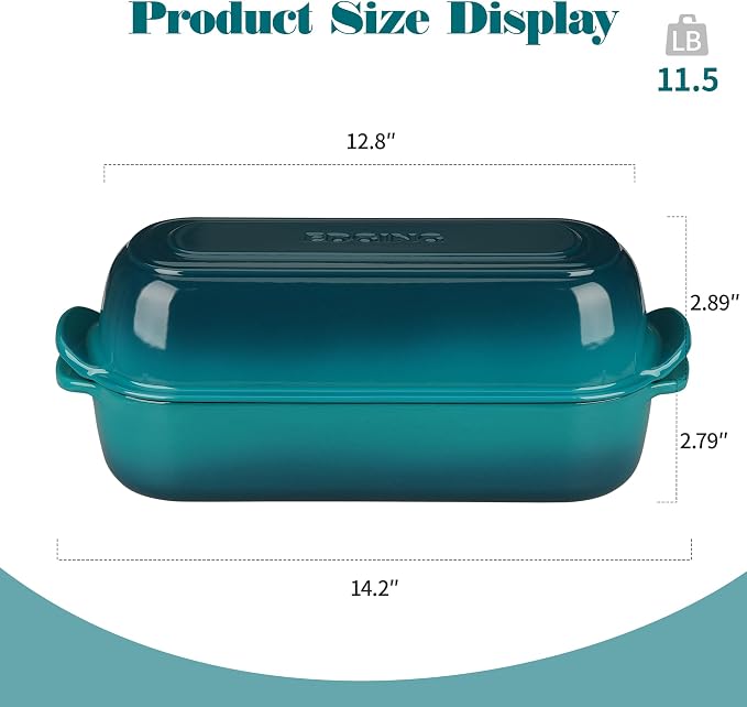 EDGING CASTING Enameled Cast Iron Loaf Pan with Lid, Bread pan, Dutch Oven Bread pan for Homemade Sourdough Bread Baking, 12.5x5.5 inch, 5qt, Darkcyan