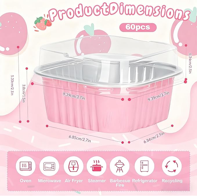 60Pack 5oz Mixcolor Mini Cake Pans with Lids Baking Cups Aluminum Foil Pans Tins, Individual Dessert Cups Containers for Sales,Party,Picnics