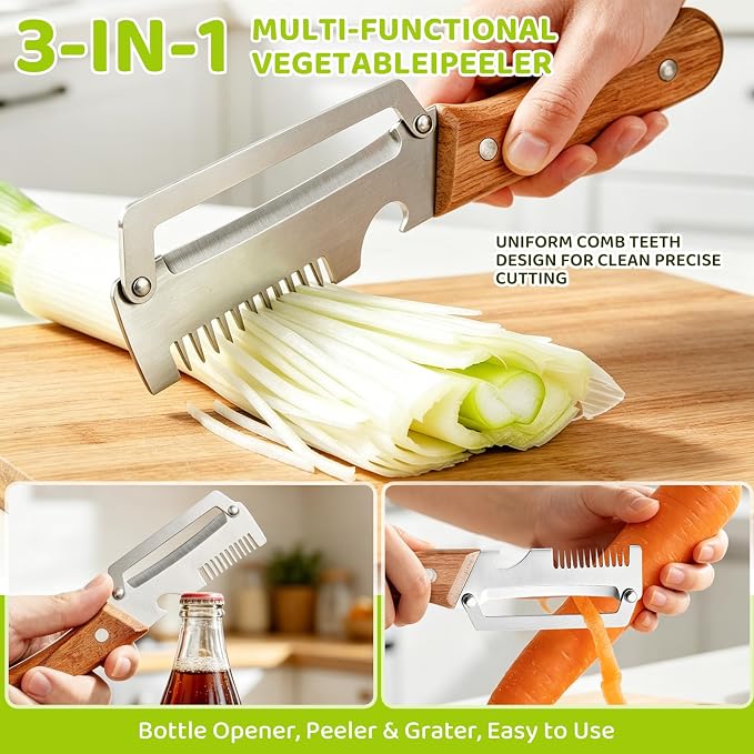 Left & Right Hand Vegetable Peeler Set with Scallion Slicer & Bottle Opener, Heavy-Duty Thick Stainless Steel Blade, Multi-Function Kitchen Peeler with Wooden Handle for Fruits & Vegetables(New 2pcs)