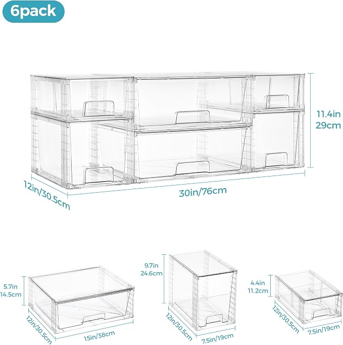 Vtopmart 6 Pack Clear Stackable Storage Drawers,Easy to Assemble Pantry Organizers and Storage with handles,Plastic Drawers for Kitchen Pantry,Cabinet,Under Sink Organization