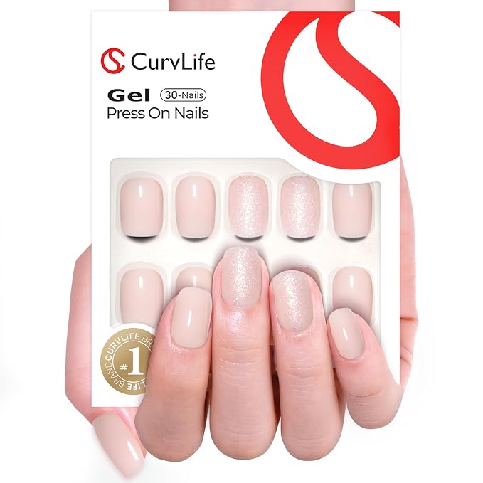 CurvLife Short Square Press On Nails, Flash White Nude,Soft Gel | 32PCS, 16 Sizes, Salon-Quality Natural Fake Nails, Curved Fit, 7-14 Day Glue-On Wear, Reusable Stick-On Nails, Press-On Kit