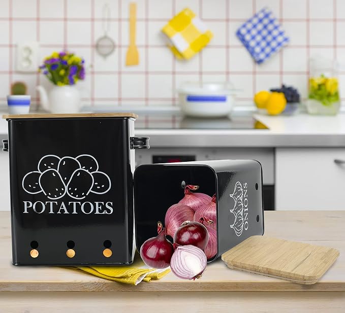 Kitchen Vegetable Storage Tins Set of 2, Onion and Potato Storage Bins with Wooden Lid and Aerating Holes, Garlic Bin Caddy, Vintage Kitchen Decor, Black