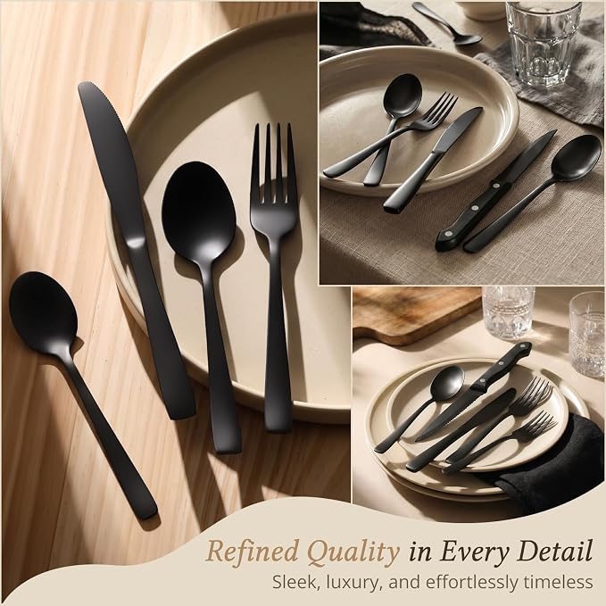 Hiware 48-Piece Black Silverware Set for 8, 18/10 Stainless Steel Flatware Cutlery Set with Forks, Knives, Spoons, Steak Knives, Durable and Elegant Design Utensils Tableware - Dishwasher Safe