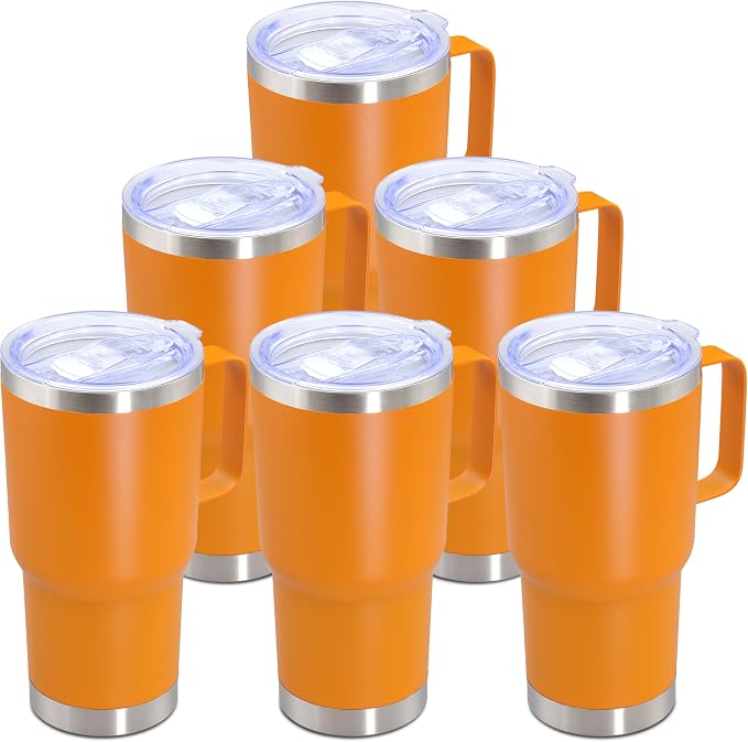 20 oz Tumbler with Handle Coffee Tumblers with Lid Travel Mug Orange 6P | 20oz Tumblers with Handle Double-Wall Insulated Vacuum Coffee Mugs Stainless Steel Tumbler with Handles&Lid Orange 6P
