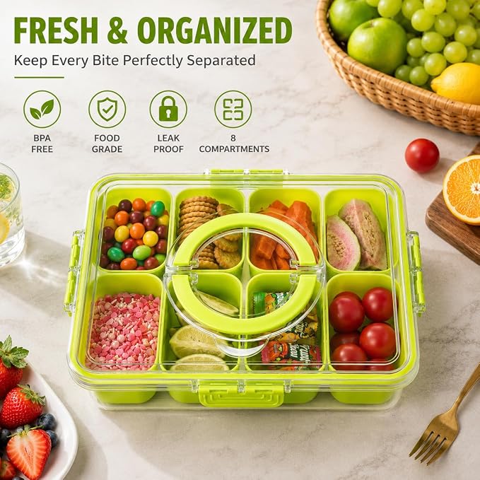 Dingerjar Divided Serving Tray with Lid and Handle - Snackle Box Charcuterie Container for Portable Snack Platters Organizer for Candy, Fruits, Nuts, Snacks - Perfect for Party, Entertaining, Green