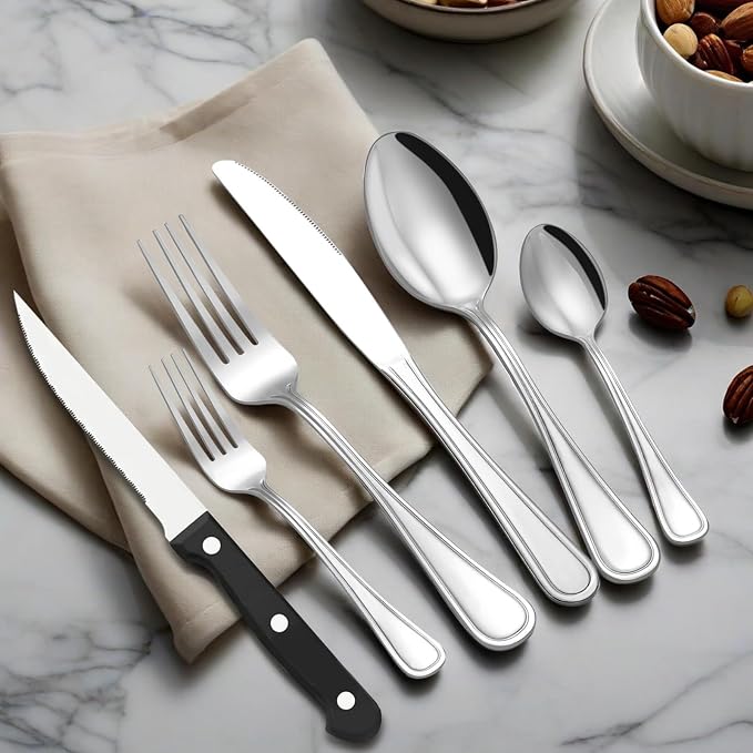 Hunycook 48-Piece Silverware Set - Stainless Steel Silverware Set for 8, Stainless Steel Flatware Set with Forks, Knives & Spoons, Mirror Polished Cutlery Set, Dishwasher Safe