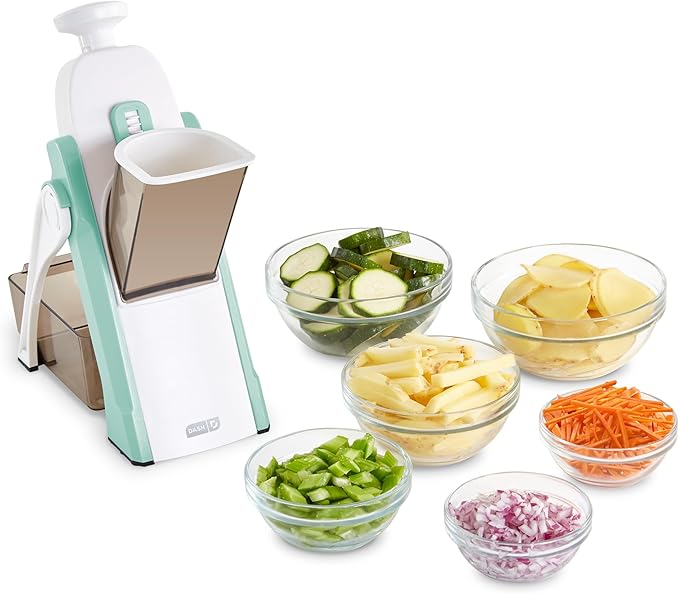 Dash Safe Slice Mandoline Slicer, Adjustable 30+ Combos, Aqua | Vegetable, Potato & Onion slicer, 1-8mm Thickness, Julienne, Matchstick & Dice Cuts, Folds Flat, Stainless Steel Blades