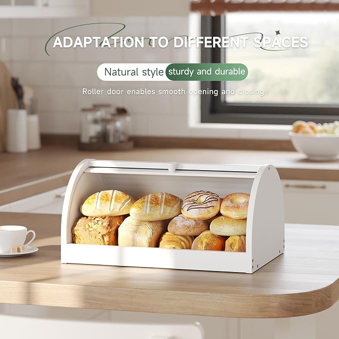 STDDRE Corner Bread Box for Kitchen Countertop Roll Top Bread Box Kitchen Food Storage Box for Homemade Bread Bread Holder for Kitchen Counter Pantry Shelf (White)
