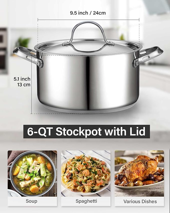 Cooks Standard Stainless Steel Stock Pot - Induction Deep Cookware | 6 Quart Stainless Steel Stock Pot with Lid, Heavy Duty Thick Bottom for Pasta, Soups, and Small Family Meals