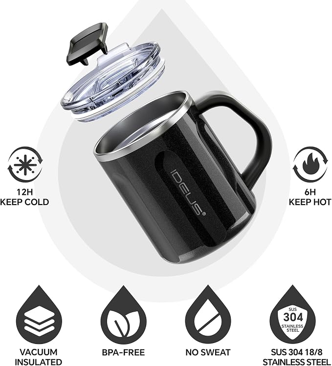 Ideus 16 oz Insulated Coffee Mug with Handle and Lid, Double Wall Stainless Steel Vacuum Thermal Coffee Mug, Travel Coffee Cup Thermal Cup for Home and Office, Black-FUJI FLOW