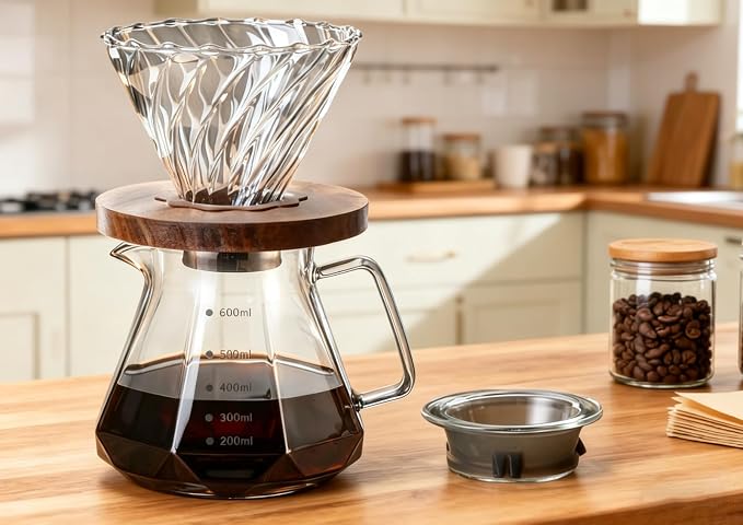 BeeCa Manual pour over coffee maker, Heat Resistant Glass | 20Oz+50 Filters 1-4 Cup, No plastic taste, Crystal clear glass, Dishwasher safe, Borosilicate glass