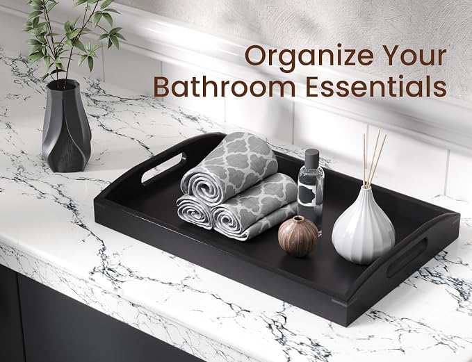 Bamboo Set of 2 Serving Trays with Handles Decorative Tray(Black) | 2 Pack, Decorative Trays, for Coffee Table, Kitchen Counter, Breakfast, Party