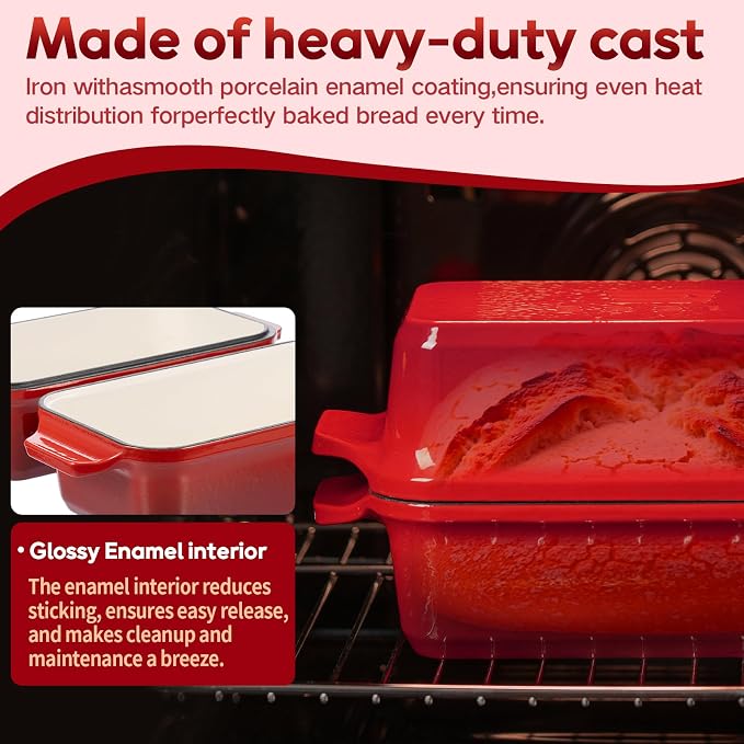 Enameled Cast Iron Dutch Oven for Sourdough Bread Baking, 9×5 Dutch Oven Pot with Lid, 2 in 1 Bread Pans with Lid for Baking, Roasting & Braising, Easy Release, Oven & Induction Safe (4.2 QT,Red)