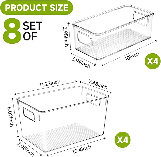 YKIOKE 8 Pack Clear Plastic Storage Bins with Handles, Stackable Organizer | BPA-Free, 4 Large & 4 Small Stackable Organizer Containers for Kitchen Cabinets, Countertops, Drinks, Fruits, Vegetables