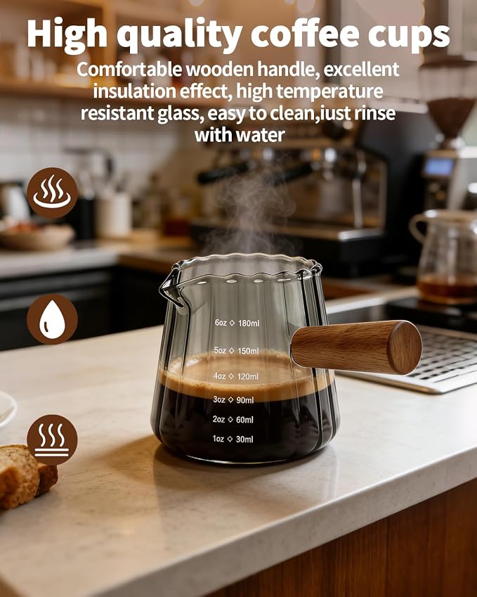 Espresso Measuring Cup 6 Oz, Espresso Glass Cups with Wood Handle, Milk Frothing Cup, Espresso Cup for Coffee, Milk, Tea or Maple Syrup Serving