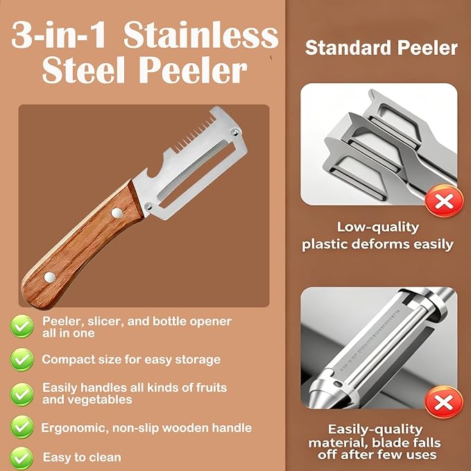 Multi-Functional Vegetable Peeler, 3-in-1 Stainless Steel Peeler | Ergonomic wooden non-slip handle, stainless steel blade, versatile uses, easy to clean