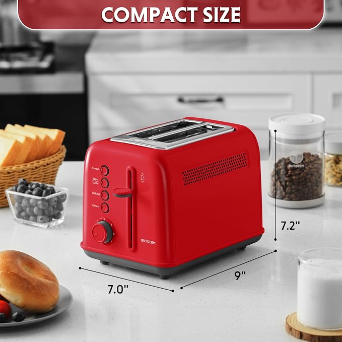 BUYDEEM DT620 2-Slice Toaster, 7 Shade Settings, Extra Wide 1.5'' Slots for Bagel & English Muffin, 6 Toasting Functions, Retro Stainless Steel Toaster with High Lift Lever, Red
