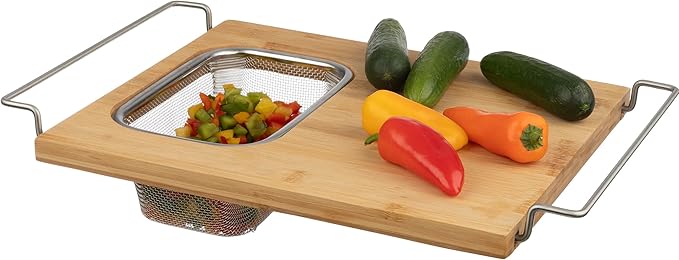 Classic Cuisine 2 in 1 Cutting Board with Strainer, Natural, 13.2” x 11.5” | Adjustable Bamboo Chopping Board with Removable Stainless Steel Colander for Over the Sink