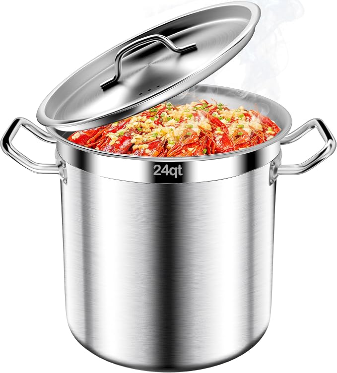 Stainless Steel Stock Pot-24QT Heavy Duty Induction Cooking Pot with Lid, Commercial Grade Stock Pot & Stockpots for Boiling Cooking Soup Stew Canning Cooking Pots, Deep Cookware, Big Stockpot