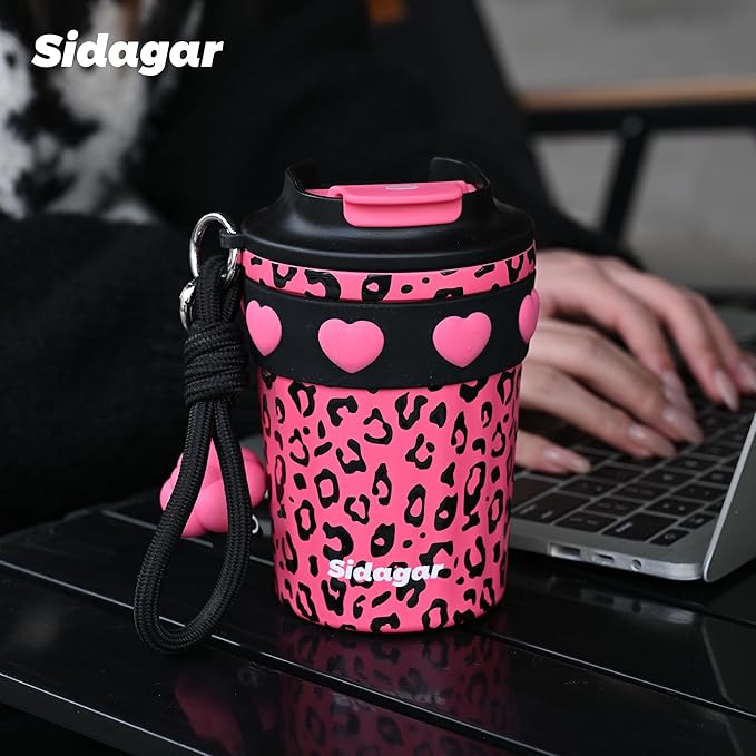 SDGA+ 12 oz Travel Coffee Mug Spill Proof Leak Proof, Stainless Steel Thermal Coffee Cup with Lid, Resuable Cup for Hot and Cold, Portable Tumbler for Women, Pink Leopard