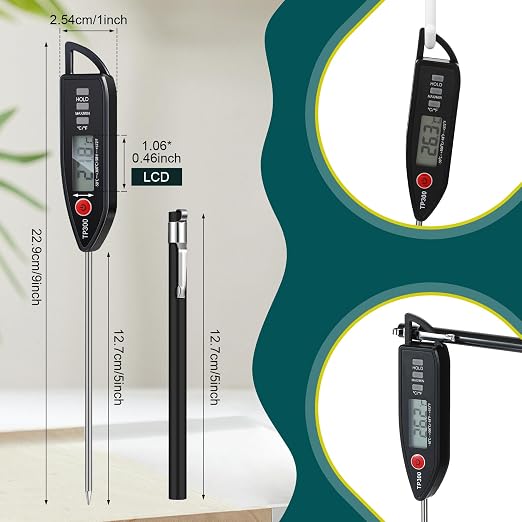 6 Set Digital Food Thermometer Long Probe Instant,Black, Red | Waterproof for Water Liquid Candle, Instant Temperature Read for Kitchen BBQ Grill Candy Meat, Foldable Probe Thermometer