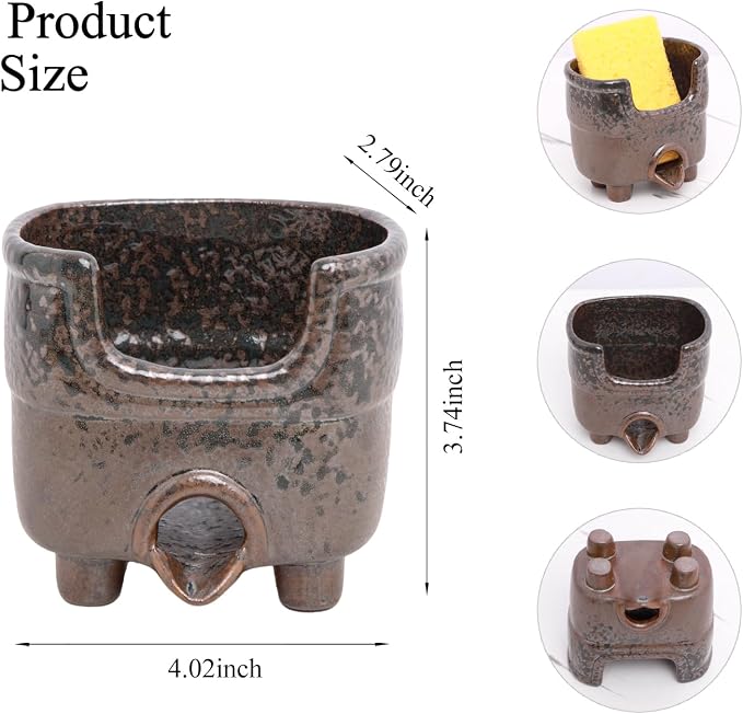 Kitchen Sponge Holder with Drainage, Ceramic Vintage Sink Caddy Organizer | Self draining sink caddy. Holds Scrubbers, sponge, soap. Rustic farmhouse kitchen countertop decor. Handmade reactive glaze