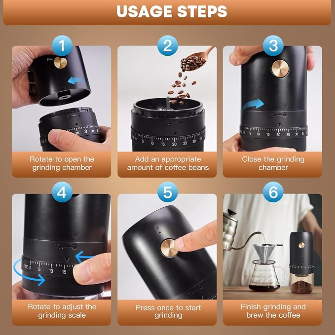 Portable Electric Coffee Grinder, 40 Settings, Conical Burr, USB-C, Black | CNC420 stainless steel burr grinds 15 g in 2 minutes, stops automatically, and comes apart for easy cleaning at home or away