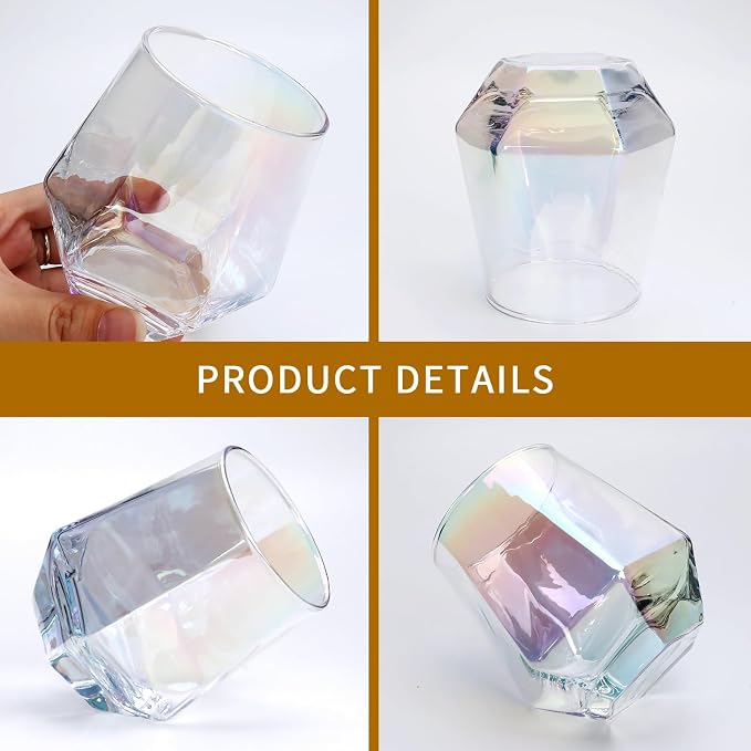 Wine Glasses Set of 4, Iridescent Stemless Wine Glasses 10oz | Geometric Diamond Shaped Glass Cups, Red and White Wine, Whiskey, Cocktail, Bourbon, Juice, Water