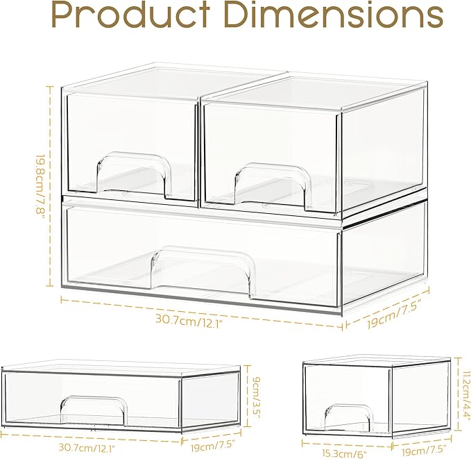 Stackable Storage Drawers, 3 Pack Clear Acrylic Makeup & Bathroom Organizer, Versatile Storage Bins for Vanity, Under Sink, Kitchen Cabinets & Pantry