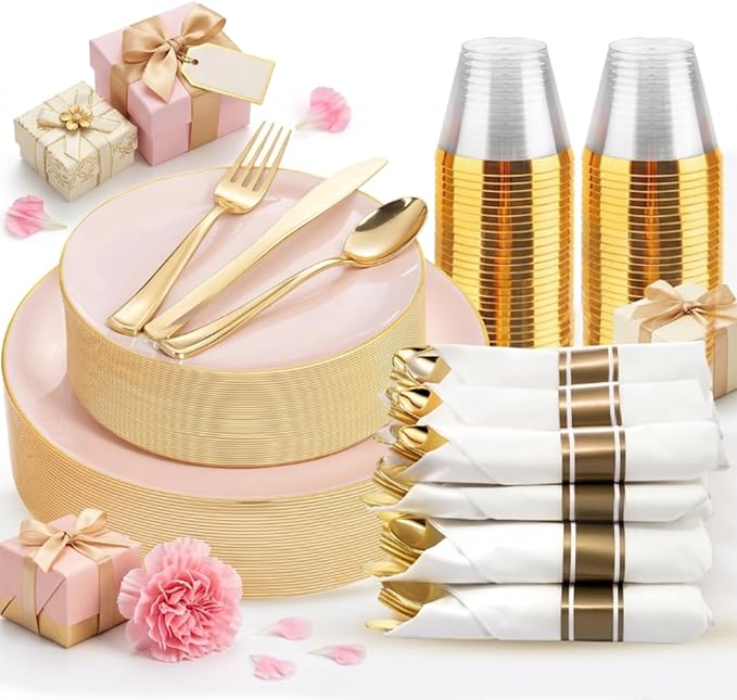 KIRE 175PCS Pink Plates Disposable - Pink and Gold Plates for Baby Shower | Plates Dinnerware Sets - 25 for Dinner 25 for Dessert 25 Pre Rolled Napkins 25Cups for Spring/Wedding/Party