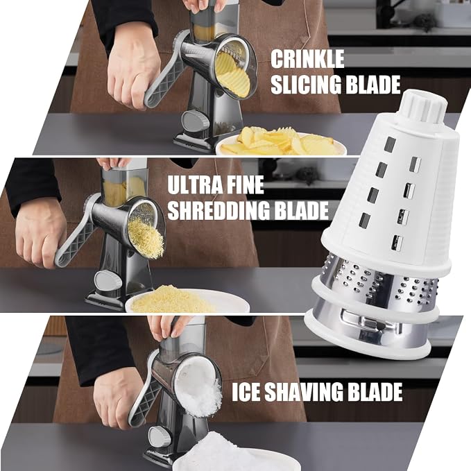 Rotary Cheese Grater Pro 6 in 1 - Shredder Crinkle Slicer Grinder Ice Shaver, Stable Suction, Time-saving Easy Use & Clean, Safe Morden Kitchen Tool for Cheese, Vegetable, Nuts, Chocolate