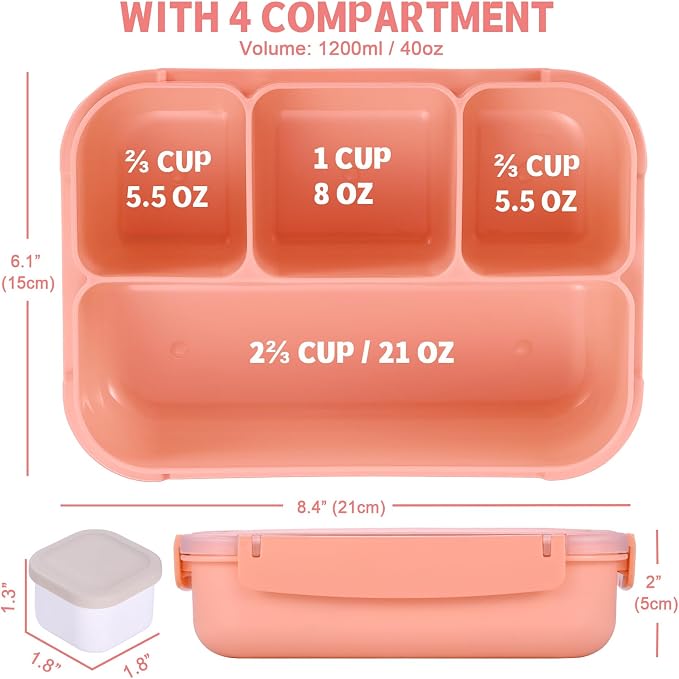Bento Box Adult Lunch Box, Lunch Containers for Kids Girls Boys with 4 Compartments, Lunchable Food Container with Utensils, Sauce Jar, Muffin Liners, 40 Oz/5 Cup, Microwave & Dishwasher Safe, Pink