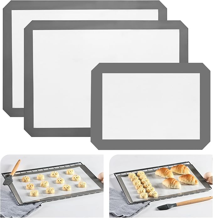 Silicone Baking Mat Set of 3, 2 Half Sheets (16.5"x11.6") + 1 Quarter Baking Sheet Reusable Silicone Cooking Mat, BPA Free Baking Sheet for Cookies, Macarons Bread & Pastry
