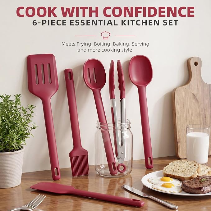 Kitchen Utensils Set 6 PCS,Silicone Cooking Utensils Set Spatula Set,446℉ Heat Resistant Cooking Utensils,Tongs,Spoon,BPA Free Kitchen Gadgets Appliances for Non-Stick Cookware,Home Essential(Red-6P)